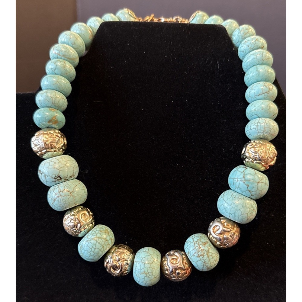 Beaded Faux Turquoise Necklace Choker Heavy Western Southwestern Silver Tone